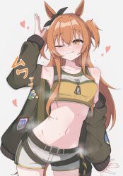 Rule 34 | 1girl, animal ears, arm up, blush, cowboy shot, crop top, dog tags, green jacket, grey background, groin, hair between eyes, heart, highres, horse ears, horse girl, horse tail, jacket, long hair, long sleeves, looking at viewer, mayano top gun (umamusume), one eye closed, open clothes, open jacket, orange eyes, orange hair, ruo (wakasagi c), short shorts, shorts, simple background, solo, sweat, tail, tongue, tongue out, two side up, umamusume, white shorts
