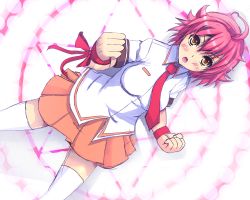 Rule 34 | 1girl, :o, ahoge, aino heart, aq interactive, arcana heart, atlus, blush, bow, brown eyes, clenched hand, clenched hands, dutch angle, examu, fighting stance, highres, misono gakuen school uniform, necktie, orange skirt, pink hair, pleated skirt, ribbon, school uniform, short hair, skirt, solo, sukesan, thighhighs, white thighhighs
