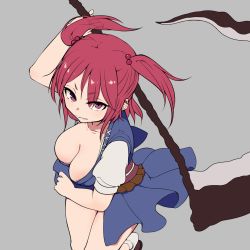 Rule 34 | 1girl, alternate eye color, arm behind head, blue dress, breasts, cleavage, clenched teeth, commentary request, dress, grey background, hair bobbles, hair ornament, hand visible through hair, highres, holding, holding scythe, looking at viewer, looking up, maroon eyes, marsen, medium breasts, onozuka komachi, outline, red eyes, red hair, scythe, shirt, short eyebrows, short hair, short sleeves, simple background, socks, solo, teeth, thighs, touhou, two side up, white shirt, white socks