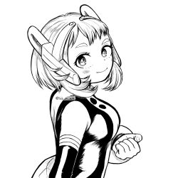 Rule 34 | 1girl, artist name, bk n wh, bodysuit, boku no hero academia, clenched hand, closed mouth, from side, greyscale, hand up, headgear, highres, looking at viewer, monochrome, short hair, sidelocks, smile, solo, superhero costume, upper body, uraraka ochako
