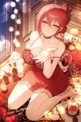 Rule 34 | 1girl, barefoot, blush, breasts, candle, choker, cleavage, collarbone, commentary request, commission, cup, drinking glass, eiyuu densetsu, english text, falcom, from above, hair between eyes, highres, holding, holding cup, indoors, lace trim, large breasts, lingerie, long hair, looking at viewer, looking up, negligee, red hair, red negligee, sara valestein, sen no kiseki, sitting, skeb commission, smile, solo, syandega, thank you, underwear, wariza, wine glass, yellow eyes