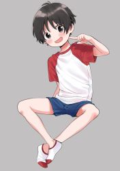 Rule 34 | 1boy, :d, ankle socks, black hair, blue shorts, blush, child, finger to cheek, grey background, highres, looking at viewer, male focus, multicolored socks, open mouth, original, piko (pixiv), red socks, shirt, short hair, shorts, simple background, sitting, smile, socks, solo, white socks