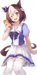 Rule 34 | 1girl, absurdres, animal ears, blouse, blush, bow, brown hair, carrot, collarbone, ear bow, feet out of frame, food, highres, holding, holding food, horse ears, horse girl, horse tail, multicolored hair, one eye closed, open mouth, pleated skirt, puffy short sleeves, puffy sleeves, purple eyes, purple shirt, school uniform, shirt, short hair, short sleeves, shuucream (syuichi), simple background, skirt, smile, solo, special week (umamusume), streaked hair, tail, teeth, thighhighs, tracen school uniform, umamusume, upper teeth only, vegetable, white background, white hair, white skirt, white thighhighs