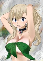 Rule 34 | 1girl, armpits, arms up, blonde hair, blue eyes, breasts, choker, cleavage, clenched teeth, colorized, earrings, eden&#039;s zero, gaston18, highres, jewelry, large breasts, leaf, leaf bra, long hair, looking at viewer, mashima hiro, outdoors, rebecca bluegarden, solo, teeth, underboob, upper body