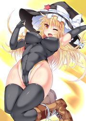Rule 34 | 1girl, ;d, adapted costume, armpits, black legwear, blonde hair, blush, boots, bow, breasts, brown footwear, cameltoe, covered erect nipples, covered navel, cross-laced footwear, elbow gloves, fingerless gloves, fist pump, gloves, hat, hat bow, hip focus, hisui (stapspats), impossible clothes, impossible shirt, jumping, kirisame marisa, lace-up boots, laced shoes, large breasts, large hat, leotard, long hair, low-tied long hair, navel, one eye closed, open mouth, partially visible vulva, shirt, smile, toned, touhou, tsurime