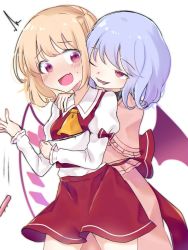 Rule 34 | 2girls, :d, ^^^, ascot, blonde hair, blush, bow, breasts, capelet, chocolate, crystal, dropping, eringi (rmrafrn), fang, flandre scarlet, frilled capelet, frills, hand on another&#039;s shoulder, juliet sleeves, long hair, long sleeves, mixing bowl, multiple girls, one eye closed, open mouth, pink capelet, pink shirt, pink skirt, puffy sleeves, purple hair, red bow, red eyes, red skirt, red vest, red wings, remilia scarlet, shirt, siblings, simple background, sisters, skirt, sleeves past wrists, small breasts, smile, sweat, textless version, touhou, valentine, vest, white background, white shirt, wings, yellow ascot