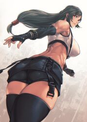 Rule 34 | 1girl, abs, bare shoulders, biceps, bike shorts, black hair, black skirt, black thighhighs, breasts, crop top, earrings, elbow gloves, elbow pads, final fantasy, final fantasy vii, final fantasy vii remake, fingerless gloves, foreshortening, gloves, highres, jewelry, large breasts, light smile, long hair, looking at viewer, looking back, low-tied long hair, midriff, mikel (4hands), muscular, muscular female, obliques, ponytail, red eyes, shirt, single elbow pad, skirt, smile, solo, suspender skirt, suspenders, suspenders gap, tank top, taut clothes, taut shirt, thighhighs, tifa lockhart, white tank top