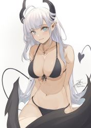 Rule 34 | 1girl, ahoge, bikini, black bikini, black horns, black wings, blue eyes, blush, borrowed character, breasts, closed mouth, collarbone, cross, cross necklace, demon girl, demon tail, fadingz, gradient background, grey background, hair on horn, highres, horns, jewelry, large breasts, long hair, looking at viewer, low wings, navel, necklace, original, pointy ears, revision, solo, swimsuit, tail, thea (nekojira), white background, white hair, wings