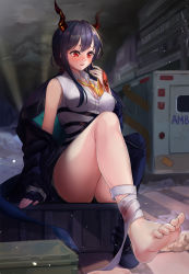 Rule 34 | 1girl, absurdres, ambulance, arknights, bad id, bad pixiv id, bandaged leg, bandages, blue hair, blush, building, ch&#039;en (arknights), cloud, cloudy sky, commission, dragon girl, dragon horns, dragon tail, feet, female focus, highres, horns, jacket, legs, lillly, low twintails, necktie, red eyes, shin guards, shirt, shorts, sitting, sitting on object, sky, sleeveless, sleeveless shirt, soles, solo, tail, toes, twintails, white shirt