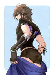 Rule 34 | 1boy, absurdres, ass, black shirt, blue eyes, border, brown hair, clothes pull, ffcceot0000, final fantasy, final fantasy xiii, final fantasy xiii-2, from behind, gauntlets, highres, looking at viewer, looking back, male focus, noel kreiss, outside border, pants, pants pull, polka dot, polka dot background, shirt, short hair, single gauntlet, solo, standing, toned, toned male, underwear, white border