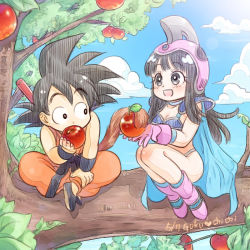 Rule 34 | 1boy, 1girl, apple, armor, bakusou k, bare legs, bikini, bikini armor, black eyes, black hair, blue bikini, blue cape, blue sky, blush, boots, branch, breasts, cape, character name, chi-chi (dragon ball), child, choker, cleavage, cloud, couple, dated, day, dougi, dragon ball, dragon ball (classic), eating, eyes visible through hair, food, fruit, full body, gloves, happy, helmet, hetero, holding, holding food, holding fruit, indian style, lens flare, long hair, looking at another, monkey tail, offering, open mouth, pink footwear, pink gloves, revealing clothes, short hair, shoulder pads, side-by-side, sitting, sitting on branch, sky, small breasts, smile, son goku, spiked hair, swimsuit, tail, tree, wristband