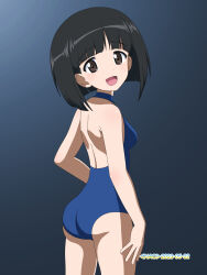 Rule 34 | 1girl, ass, black hair, blue background, blue one-piece swimsuit, blush, breasts, brown eyes, dated, girls und panzer, gotou moyoko, highres, looking at viewer, medium breasts, naotosi, one-piece swimsuit, open mouth, short hair, shoulder blades, simple background, smile, solo, standing, swimsuit