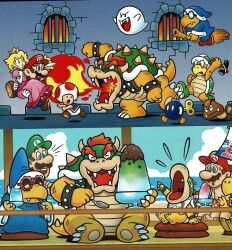 Rule 34 | 1girl, 6+boys, angry, blonde hair, blue eyes, bob-omb, boo (mario), bowser, bowser jr., broom, brown hair, carrying, crying, dress, eating, facial hair, fire, flying, food, gloves, goomba, grin, hammer, hammer bro, hammer brothers, hat, highres, horns, ice cream, kamek, koopa troopa, long hair, luigi, mario, mario (series), multiple boys, mustache, new super mario bros., nintendo, official art, open mouth, overalls, pink dress, princess carry, princess peach, red hair, running, smile, spikes, spoon, sunglasses, super mario bros. 1, super mario bros. 3, tail, third-party edit, third-party source, toad (mario), wand