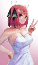 Rule 34 | 1girl, armpits, bare shoulders, black ribbon, blue eyes, blunt bangs, blush, breasts, butterfly hair ornament, cleavage, collarbone, dress, eyebrows hidden by hair, floral print, from side, go-toubun no hanayome, gomashiwo o, gradient background, hair ornament, hand on own hip, highres, lace trim, large breasts, looking at viewer, multicolored nails, nail polish, nakano nino, pink hair, ribbon, sideboob, simple background, smile, twintails, v, v-shaped eyebrows, wedding dress, white dress