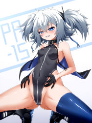 Rule 34 | 1girl, black eyes, black gloves, black leotard, blue eyes, blue thighhighs, breasts, cape, character name, commentary request, covered erect nipples, entenca, girls&#039; frontline, gloves, gradient background, hair between eyes, half gloves, heart, heart-shaped pupils, highleg, highleg leotard, highres, impossible clothes, impossible leotard, leotard, long hair, looking at viewer, pa-15 (girls&#039; frontline), silver hair, small breasts, solo, squatting, symbol-shaped pupils, thighhighs, twintails, white background