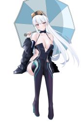 Rule 34 | 1girl, absurdres, azur lane, bare shoulders, black footwear, black jacket, blue umbrella, blush, boots, breasts, cleavage, commentary, enterprise (azur lane), enterprise (wind catcher) (azur lane), eyewear on headwear, grey headwear, high heel boots, high heels, highres, holding, holding umbrella, jacket, large breasts, long hair, looking at viewer, off shoulder, official alternate costume, open clothes, open jacket, purple eyes, silver hair, simple background, sitting, smile, solo, sunglasses, thigh boots, thighhighs, umbrella, very long hair, white background, zerotwenty (020)