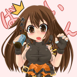 Rule 34 | 1girl, ^^^, arc system works, bad id, bad pixiv id, blush, breast expansion, breasts, brown eyes, brown hair, buckle, fang, fingerless gloves, gloves, guilty gear, long hair, may (guilty gear), open mouth, poncocchan, potion, shirt, solo, strap, surprised, taut clothes, taut shirt, translated, wardrobe malfunction