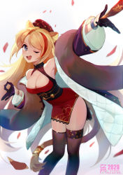 Rule 34 | 1girl, ;d, absurdres, animal ears, arknights, arm up, black gloves, black thighhighs, blonde hair, blue eyes, breasts, cleavage, cleavage cutout, clothing cutout, coat, dress, glint, gloves, half gloves, hat, highres, large breasts, leaning forward, long hair, luuuo (luuuo0102), money gesture, multicolored hair, official alternate costume, one eye closed, open mouth, outstretched arm, red dress, red hair, short dress, side slit, smile, solo, streaked hair, swire (arknights), swire (honor and splendor) (arknights), tail, thighhighs, very long hair