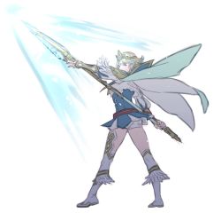 Rule 34 | 1girl, blonde hair, blue dress, blue eyes, boots, cape, dress, earrings, feather trim, fire emblem, fire emblem heroes, fjorm (fire emblem), from behind, full body, gauntlets, jewelry, krazehkai, looking at viewer, looking back, nintendo, polearm, short hair, simple background, sketch, solo, spear, thigh boots, thighhighs, tiara, weapon, white background
