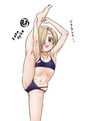 Rule 34 | 1girl, arms up, barefoot, bikini, blonde hair, brown eyes, dated, flat chest, flexible, foot out of frame, hair over one eye, highres, idolmaster, idolmaster cinderella girls, illust audio, leg hold, leg up, looking at viewer, navel, open mouth, purple bikini, shirasaka koume, short hair, signature, simple background, smile, solo, split, standing, standing on one leg, standing split, stretching, swimsuit, white background