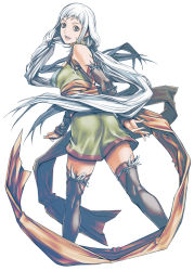 Rule 34 | 1girl, ass, black thighhighs, breasts, commentary request, detached sleeves, ei (fran3bon), gensou suikoden, gensou suikoden tierkreis, grey hair, long hair, marica (suikoden tierkreis), red thighhighs, sideboob, solo, thighhighs, very long hair, white background