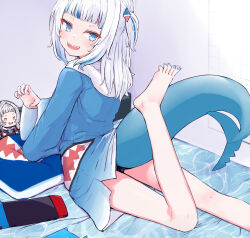 Rule 34 | 1girl, 22806, bare legs, barefoot, bed, bed sheet, blue eyes, blue hair, blue hoodie, blue nails, blunt bangs, blush, character doll, commentary, eyelashes, feet, fins, fish tail, foot out of frame, foot up, from behind, gawr gura, gawr gura (1st costume), hair ornament, hand up, handheld game console, highres, hololive, hololive english, hood, hood down, hoodie, indoors, legs, looking at viewer, looking back, multicolored hair, murasaki shion, nail polish, nintendo switch, one side up, panties, panty peek, pillow, shadow, shark girl, shark hair ornament, shark tail, sharp teeth, shiny skin, sidelocks, solo, streaked hair, symbol-only commentary, tail, teeth, thighs, toenail polish, toenails, toes, underwear, virtual youtuber, white hair, wide sleeves