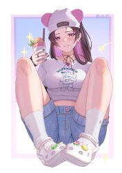 Rule 34 | 1girl, absurdres, animal ears, beanie, black nails, blue shorts, border, breasts, brown hair, character name, colored inner hair, crocs, denim, denim shorts, earrings, fake animal ears, full body, ghhoward, hair ornament, hat, highres, holding, ice cream cup, jewelry, knees up, legs, long sleeves, looking at viewer, medium breasts, multicolored hair, original, paid reward available, parted bangs, parted lips, piercing, pink eyes, pink hair, ribbed socks, ring, short sleeves, shorts, sidelocks, sitting, sleeves past wrists, socks, solo, thighs, white border, white footwear, white hat, white socks