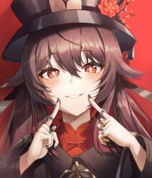 Rule 34 | 1girl, absurdres, black hat, black nails, blush, brown hair, chinese clothes, collared coat, flower, flower-shaped pupils, genshin impact, hair between eyes, hat, hat flower, highres, hu tao (genshin impact), jewelry, long hair, long sleeves, looking at viewer, multiple rings, red eyes, ring, slime nyang, smile, solo, symbol-shaped pupils, thumb ring, twintails, very long hair