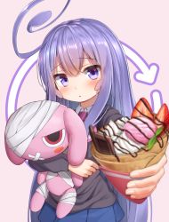 Rule 34 | 1girl, acchi kocchi, ahoge, blue skirt, blush, highres, holding, holding stuffed toy, incoming food, long hair, looking at viewer, miniwa tsumiki, parted lips, purple eyes, purple hair, skirt, solo, stuffed animal, stuffed toy, superpig, upper body