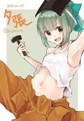 Rule 34 | 1girl, armpits, border, bow, character name, cowboy shot, green bow, green hair, grey background, hair bow, hammer, highres, jumpsuit, kantai collection, looking at viewer, navel, open mouth, orange eyes, orange jumpsuit, ponytail, smile, solo, tank top, tied jumpsuit, two-tone background, u yuz xx, undershirt, welding mask, white border, yuubari (kancolle)