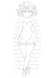 Rule 34 | 1girl, arm strap, bare legs, bare shoulders, black footwear, breasts, brick wall, choker, cleavage, collarbone, covered navel, crossed legs, curly hair, curvy, dress, female focus, full body, hand on own hip, highres, looking at viewer, matching hair/eyes, mogudan, monochrome, one-punch man, parted lips, short eyebrows, short hair, sketch, skin tight, small breasts, solo, standing, strapless, strapless dress, tatsumaki, thighs