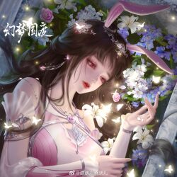 Rule 34 | 1girl, animal ears, bare shoulders, brown hair, bug, butterfly, closed mouth, douluo dalu, dress, earrings, eye mask, eyelashes, flower, glowing butterfly, hair ornament, highres, holding, holding petal, insect, jewelry, light particles, ni gu la si xiao la ji, night, petals, pink dress, pink eyes, rabbit ears, second-party source, solo, upper body, xiao wu (douluo dalu)