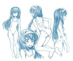 Rule 34 | 1girl, alternate hairstyle, ass, backless swimsuit, barefoot, bbb (friskuser), blue theme, blush, braid, closed mouth, commentary, cropped legs, from side, frown, girls und panzer, grimace, hairband, half-closed eyes, kneeling, leaning forward, long hair, looking at viewer, monochrome, multiple views, one-piece swimsuit, open mouth, parted lips, reizei mako, single braid, standing, sweatdrop, swimsuit