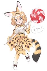Rule 34 | 10s, 1girl, absurdres, animal ears, animal ears (norankkori), bad id, bad twitter id, bare shoulders, blonde hair, blush, boots, bow, bowtie, candy, commentary request, dated, elbow gloves, food, footwear bow, gloves, highres, kemono friends, lollipop, multicolored hair, oversized object, serval (kemono friends), serval print, serval tail, short hair, skirt, sleeveless, solo, tail, thighhighs, translation request