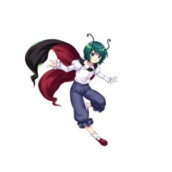 Rule 34 | 1girl, antennae, black cape, black footwear, blue pants, cape, closed mouth, collared shirt, full body, game cg, green eyes, green hair, highres, juliet sleeves, long sleeves, looking at viewer, pants, puffy sleeves, rotte (1109), shirt, short hair, simple background, smile, socks, solo, third-party source, touhou, touhou lostword, white background, white shirt, white socks, wriggle nightbug