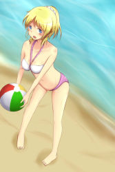 Rule 34 | 10s, 1girl, arutosu (narumi323), ayase eli, ball, bare shoulders, barefoot, beach, beachball, bikini, blonde hair, blue eyes, blush, breasts, cleavage, collarbone, eyebrows, female focus, from above, full body, hair ornament, highres, leaning forward, long hair, looking at viewer, love live!, love live! school idol festival, love live! school idol project, medium breasts, navel, ocean, open mouth, outdoors, sand, shore, sketch, solo, standing, swimsuit, toes, water