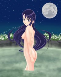 Rule 34 | 10s, 1girl, ass, back, bad id, bad pixiv id, breasts, female focus, heartcatch precure!, highres, hyong, long hair, moon, nature, night, nipples, nude, onsen, outdoors, plant, precure, purple eyes, purple hair, sky, smile, solo, tsukikage yuri, water