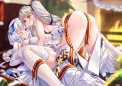 Rule 34 | 2girls, ass, azur lane, bare shoulders, blue eyes, blurry, blurry background, bow, breasts, candy, candy cane, cocktail dress, dress, dress bow, dress flower, elbow gloves, feather dress, feather hair ornament, feathers, food, formidable (azur lane), formidable (timeless classics) (azur lane), gloves, hair ornament, hair wings, head wings, highres, illustrious (azur lane), illustrious (illustrious ball) (azur lane), kaidou nora-, large breasts, long hair, looking at viewer, multiple girls, official alternate costume, one eye closed, platinum blonde hair, red eyes, red ribbon, ribbon, spread legs, strapless, strapless dress, thighs, twintails, two-tone dress, two-tone ribbon, very long hair, white dress, white gloves, wings