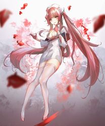 Rule 34 | 1girl, absurdres, azur lane, blush, breasts, cleavage, commentary request, cross, cross necklace, finger to mouth, full body, gloves, hair ornament, hairclip, hat, high heels, highres, holding, holding syringe, jewelry, ka11 ca, long hair, looking at viewer, medium breasts, necklace, nurse, nurse cap, open mouth, perseus (azur lane), perseus (unfamiliar duties) (azur lane), petals, pink eyes, pink footwear, pink gloves, pink hair, solo, syringe, thighhighs, twintails, white thighhighs
