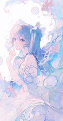 Rule 34 | 1girl, absurdres, blue eyes, blue hair, bubble, commentary, cowboy shot, dress, fish, from side, goldfish, hair ribbon, hand up, hatsune miku, highres, liquid, long hair, looking at viewer, maccha (mochancc), number tattoo, ribbon, symbol-only commentary, tattoo, twintails, very long hair, vocaloid, white background, white dress