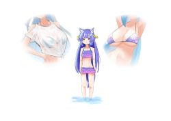 Rule 34 | .live, 2girls, animal ears, annoyed, blue hair, breast envy, breasts, cleavage, collarbone, commentary request, hair ornament, head out of frame, highres, large breasts, multiple girls, purple eyes, purple hair, rurun rururica, simple background, small breasts, solo focus, swimsuit, virtual youtuber, wet, wet clothes, white background, wolf ears, yamato iori