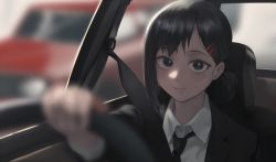 Rule 34 | 1girl, asymmetrical hair, black eyes, black hair, black necktie, blurry, blurry background, blurry foreground, car interior, chainsaw man, closed mouth, collared shirt, commentary request, driving, formal, hair ornament, hairclip, higashiyama kobeni, highres, kobeni&#039;s car, litra (ltr0312), looking at viewer, medium hair, mole, mole under eye, mole under mouth, necktie, ponytail, seatbelt, shirt, sitting, smile, solo, steering wheel, suit, white shirt