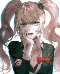 Rule 34 | 1girl, :d, bear hair ornament, black shirt, blonde hair, blue eyes, bow, breasts, cleavage, collarbone, danganronpa: trigger happy havoc, danganronpa (series), enoshima junko, grey background, hair ornament, long hair, looking at viewer, nail polish, necktie, open mouth, red bow, red nails, sakuyu, shirt, simple background, skirt, smile, solo, twintails, twitter username, upper body