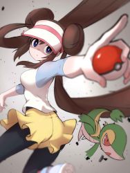 Rule 34 | 1girl, ass, black pantyhose, blue eyes, breasts, brown hair, creatures (company), double bun, floating hair, from behind, game freak, gen 5 pokemon, hair bun, highres, holding, holding poke ball, long hair, nintendo, outstretched arms, pantyhose, parted lips, pointing, poke ball, pokemon, pokemon (creature), pokemon battle, pokemon bw, raglan sleeves, rosa (pokemon), shorts, snivy, twintails, ultimateinudog, very long hair, visor cap, yellow shorts