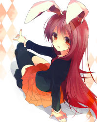 Rule 34 | 1girl, animal ears, argyle, argyle background, argyle clothes, arm support, bad id, bad pixiv id, black thighhighs, blazer, female focus, gradient background, jacket, leaning back, long hair, mzyk, necktie, open mouth, pointing, purple hair, rabbit ears, red eyes, red hair, reisen udongein inaba, sitting, skirt, smile, solo, thighhighs, touhou, white background