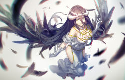 Rule 34 | 1girl, albedo (overlord), bare shoulders, black hair, black wings, breasts, cleavage, demon girl, feathered wings, feathers, female focus, gloves, gradient background, highres, hip vent, horns, infukun, jewelry, large breasts, long hair, looking at viewer, necklace, overlord (maruyama), slit pupils, smile, solo, white gloves, wings, yellow eyes
