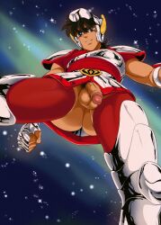 Rule 34 | 1boy, aizenhower, armor, armored boots, ass, bara, black hair, boots, brown eyes, chest armor, clenched hand, fingerless gloves, from below, gloves, helmet, large pectorals, male focus, male pubic hair, muscular, muscular male, pectorals, pegasus seiya, penis, perspective, pubic hair, red shirt, saint seiya, shirt, short hair, shoulder armor, smile, solo, testicles
