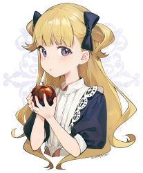 Rule 34 | 1girl, apple, blonde hair, blue bow, blue dress, blue eyes, blush, bow, dress, emilico (shadows house), food, fruit, hair bow, holding, holding food, holding fruit, long hair, looking at viewer, nagu, parted lips, puffy short sleeves, puffy sleeves, red apple, shadows house, short sleeves, solo, twitter username, upper body, white background