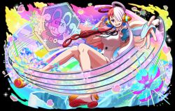 Rule 34 | 1girl, angel wings, ass, bare legs, bare shoulders, breasts, collaboration, curvy, dress, full body, hair over one eye, headphones, heart, highres, idol, large breasts, long hair, long sleeves, multicolored hair, musical note, official art, one piece, one piece film: red, open mouth, purple eyes, puzzle &amp; dragons, red hair, solo, two-tone hair, uta (one piece), very long hair, white dress, white hair, wide hips, wings