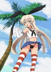 Rule 34 | 10s, 1girl, black panties, blonde hair, cameltoe, crop top, elbow gloves, food, from below, gloves, grey eyes, hairband, highleg, highleg panties, highres, kantai collection, licking, long hair, mutsuya, palm tree, panties, popsicle, sexually suggestive, shimakaze (kancolle), striped clothes, striped thighhighs, thighhighs, tree, underwear, white gloves
